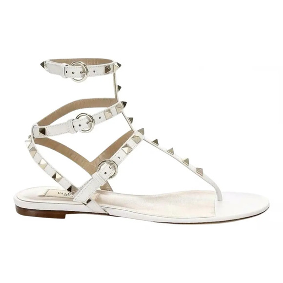 Valentino Rockstud White Leather Triple Ankle Strap Gladiator Flat Sandal 35.5 - Picture 1 of 12